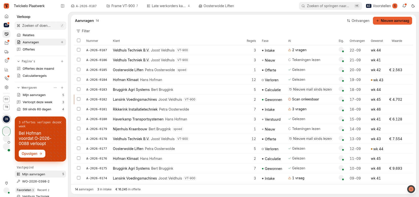 The requests list with its phase per row and an AI column reading drawings, raising questions or reporting an unreadable scan
