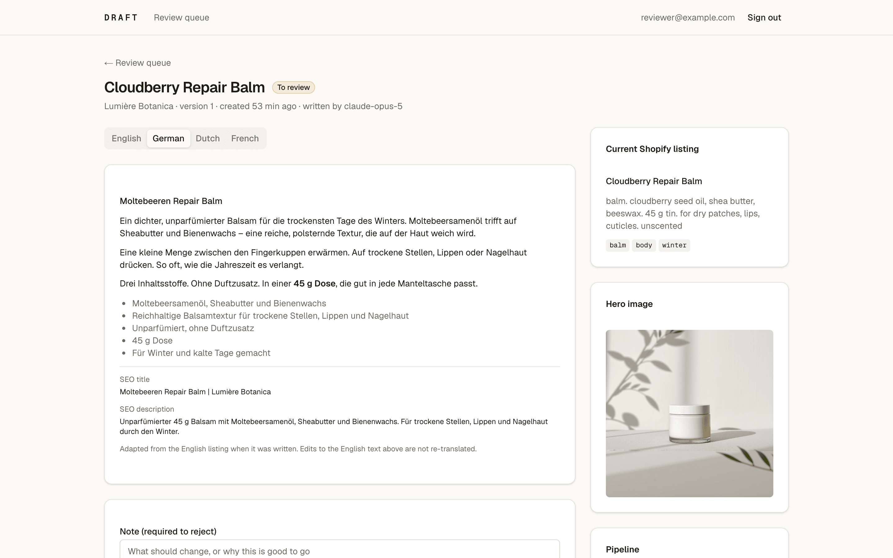 A draft listing in German with its own SEO title and meta description, the product's Shopify source text beside it, and the generated hero image