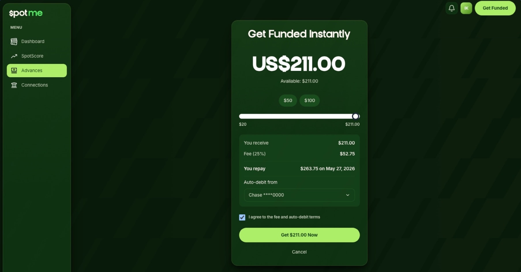 Taking an advance: a slider from twenty dollars, with the fee, the repayment total and the exact date shown before accepting