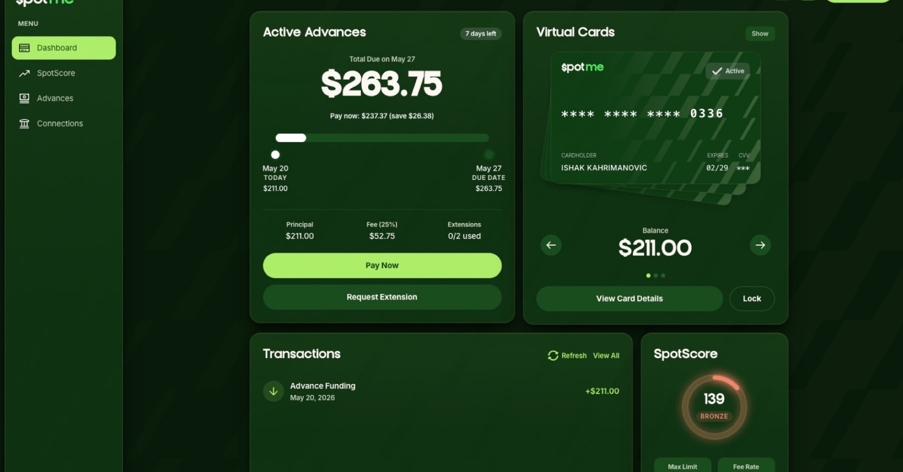 Virtual card detail with balance, card controls and the option to lock the card